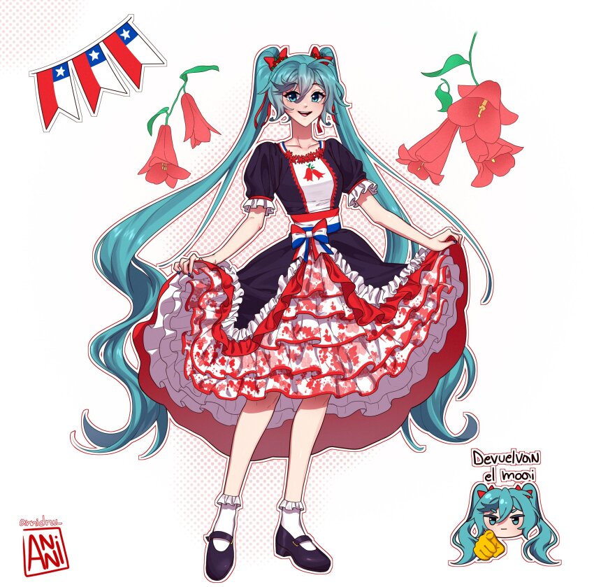 1girl absurdres annidrw aqua_eyes aqua_hair artist_logo artist_name black_dress black_footwear blush bow breasts chilean_dress chilean_flag dress flower hair_bow hair_ornament hatsune_miku high_heels highres logo long_hair long_skirt looking_at_viewer medium_breasts open_mouth red_bow short_sleeves skirt smile solo spanish_text translation_request twintails two-tone_dress very_long_hair vocaloid white_background