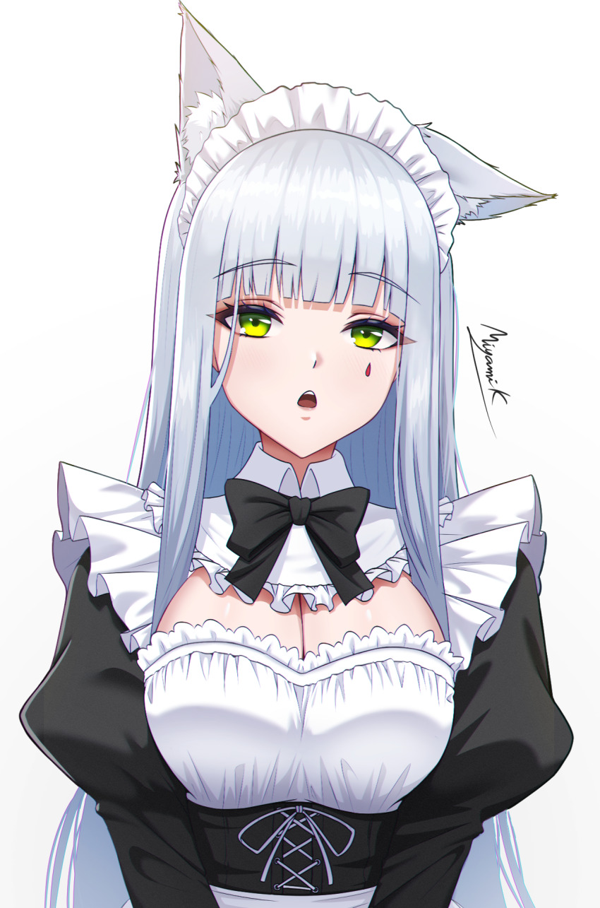 1girl alternate_costume animal_ears apron black_bow black_bowtie black_dress bow bowtie breasts breasts_squeezed_together cat_ears cat_girl corset dress enmaided expressionless facepaint girls&#039;_frontline green_eyes highres hk416_(girls&#039;_frontline) large_breasts long_hair looking_at_viewer maid maid_headdress miyami_kyoko single_ear_down solo teardrop upper_body v_arms very_long_hair waist_apron white_apron white_hair