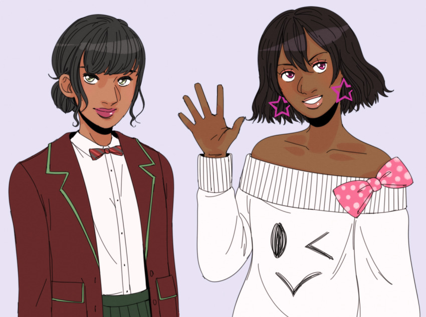 1girl alternate_costume big_nose black_hair blazer blouse blunt_bangs bobby_socks bow bowtie buttons casual color_contacts colored_contact_lenses dark_skin etrosgate eyelashes fashion girls_mode_4:_star_stylist green_eyes hair_bun jacket sawako_(girls_mode) makeover nintendo off_shoulder office_lady pants pink_lips red_jacket secretary shirt single_hair_bun socks girls_mode sweater waving