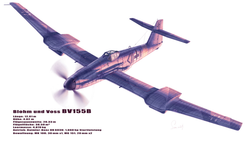 aircraft airplane balkenkreuz blohm_&amp;_voss_bv_155 cross fighter_plane german_text highres luftwaffe military military_vehicle original propeller propeller_fighter roundel same_(carcharodon) swastika vehicle_focus world_war_ii