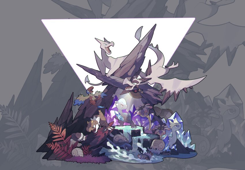 absurdres aerodactyl amaura anorith archen black_eyes bright_pupils claws closed_mouth commentary cranidos crystal eye_contact fang gen_1_pokemon gen_3_pokemon gen_4_pokemon gen_5_pokemon gen_6_pokemon highres lanjiujiu lileep looking_at_another mega_aerodactyl mega_pokemon nintendo no_humans omanyte pokemon pokemon_(creature) red_eyes shieldon tirtouga tongue tyrunt water white_pupils
