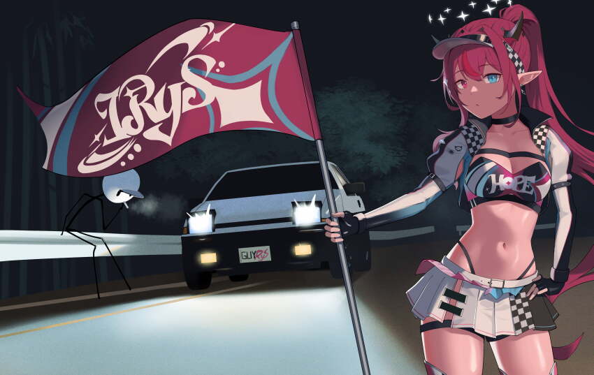 1girl :/ absurdres arm_belt belt black_belt black_choker black_gloves black_horns black_panties black_skirt bloom_(irys) blue_eyes breasts car chest_strap choker cigarette cleavage closed_mouth commentary cowboy_shot cropped_jacket earrings english_commentary fingerless_gloves flag gloom_(irys) gloves guard_rail guyrys hair_between_eyes halo hand_on_own_hip heterochromia highleg highleg_panties highres holding holding_cigarette holding_flag hololive hololive_english horns irys_(hololive) irys_(race_queenrys)_(hololive) jacket jewelry large_breasts long_hair long_sleeves looking_at_viewer miniskirt motor_vehicle multicolored_hair multicolored_jacket navel night official_alternate_costume open_clothes open_jacket outdoors panties panty_straps pleated_skirt pointy_ears ponytail purple_eyes purple_hair race_queen red_hair road shift_(shiftillust) skirt smoke smoking standing star_halo streaked_hair thigh_strap toyota toyota_sprinter_trueno two-tone_skirt underwear very_long_hair virtual_youtuber visor_cap white_belt white_car