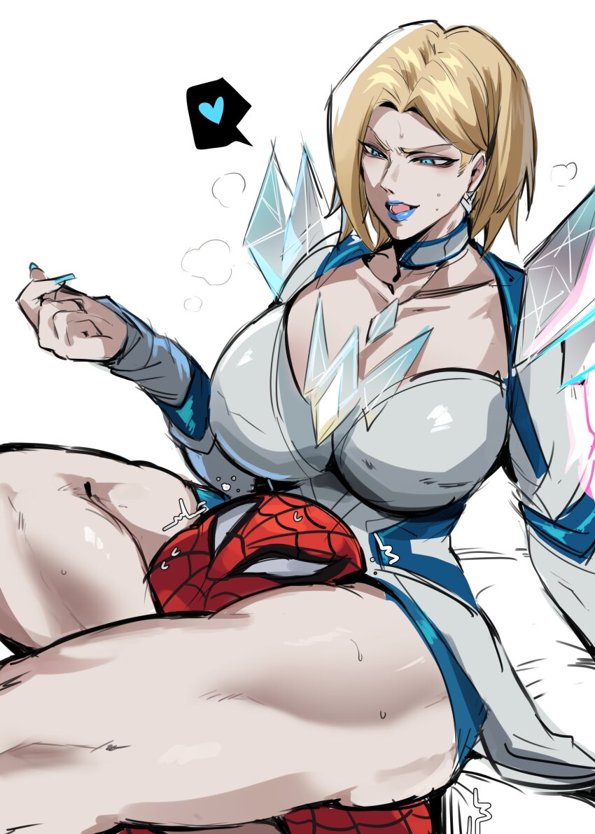 1boy 1girl absurdres animal_print aqua_nails blonde_hair blue_eyes blue_lips breasts emma_frost femdom fingernails highres kurenaiz_(kuayrenaiz) large_breasts leotard long_fingernails marvel marvel_rivals mask scissorhold short_hair smile spider-man spider-man_(series) spider_print spider_web_print sweat thick_thighs thighs x-men