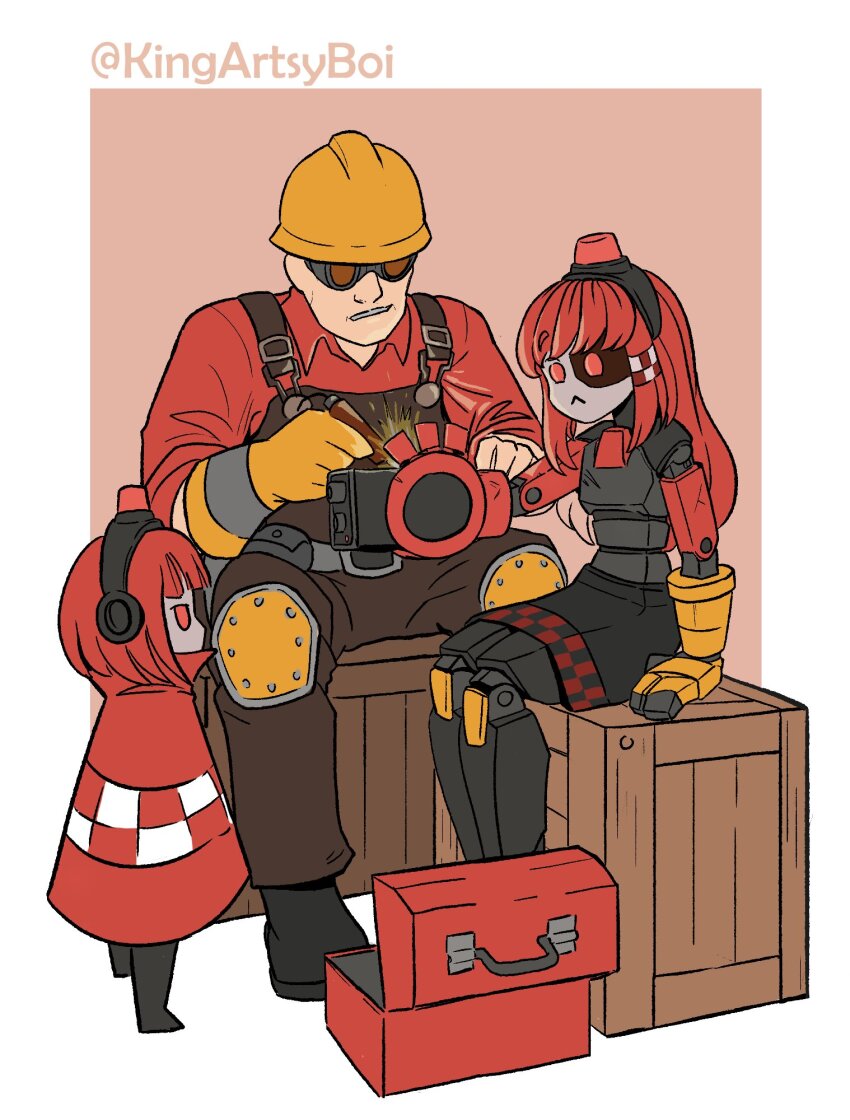 1boy 2girls :&lt; alarm_siren arm_cannon artist_name black_dress black_shoes blunt_bangs border borrowed_character box checkered_trim cloak closed_mouth commentary crate dress engineer_(tf2) english_commentary fewer_digits gloves goggles hard_hat hat headgear height_difference helmet highres joints kingartsyboi light_brown_background long_hair maintenance mimi-sentry_(flyingpiggles) mini-sentry-chan_(fizzywattr) multiple_girls no_heterochromia on_box original overalls parted_lips personification red_cloak red_engineer_(tf2) red_eyes red_hair red_shirt robot robot_girl robot_joints shirt shoes short_sleeves simple_background single_glove sitting sitting_on_box soldering_iron sparks team_fortress_2 toolbox twitter_username weapon white_border yellow_gloves