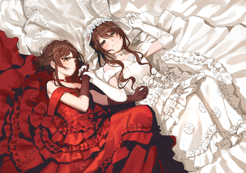 2girls absurdres blush bridal_veil brown_hair choker commentary_request dress elbow_gloves frilled_dress frills gloves hair_bun highres holding_hands idolmaster idolmaster_shiny_colors incest light_smile lying multiple_girls nemu_kotatsu o-ring o-ring_choker on_back osaki_amana osaki_tenka red_choker red_dress red_gloves siblings single_side_bun sisters twincest twins veil white_choker white_dress white_gloves yuri