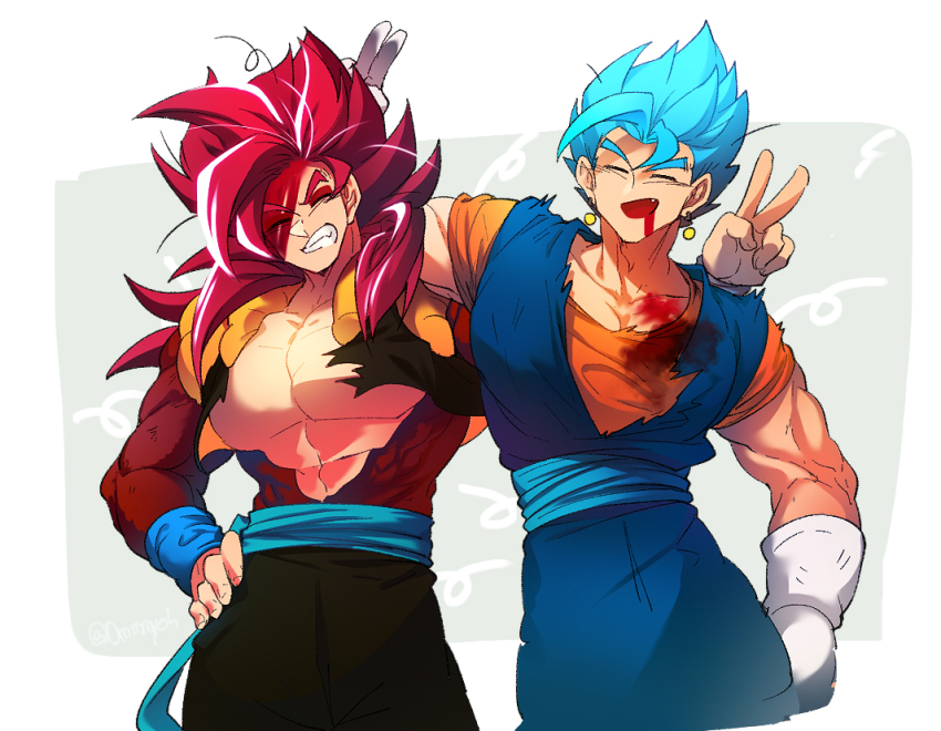 blue_sash dougi dragon_ball dragon_ball_heroes dragon_ball_super earrings gloves gogeta gogeta_(xeno) jewelry long_hair male_focus metamoran_vest monkey_boy monkey_tail multiple_boys ommmyoh potara_earrings red_fur saiyan sash super_full_power_saiyan_4_limit_breaker super_saiyan super_saiyan_4 super_saiyan_blue tail time_patrol_(dragon_ball)