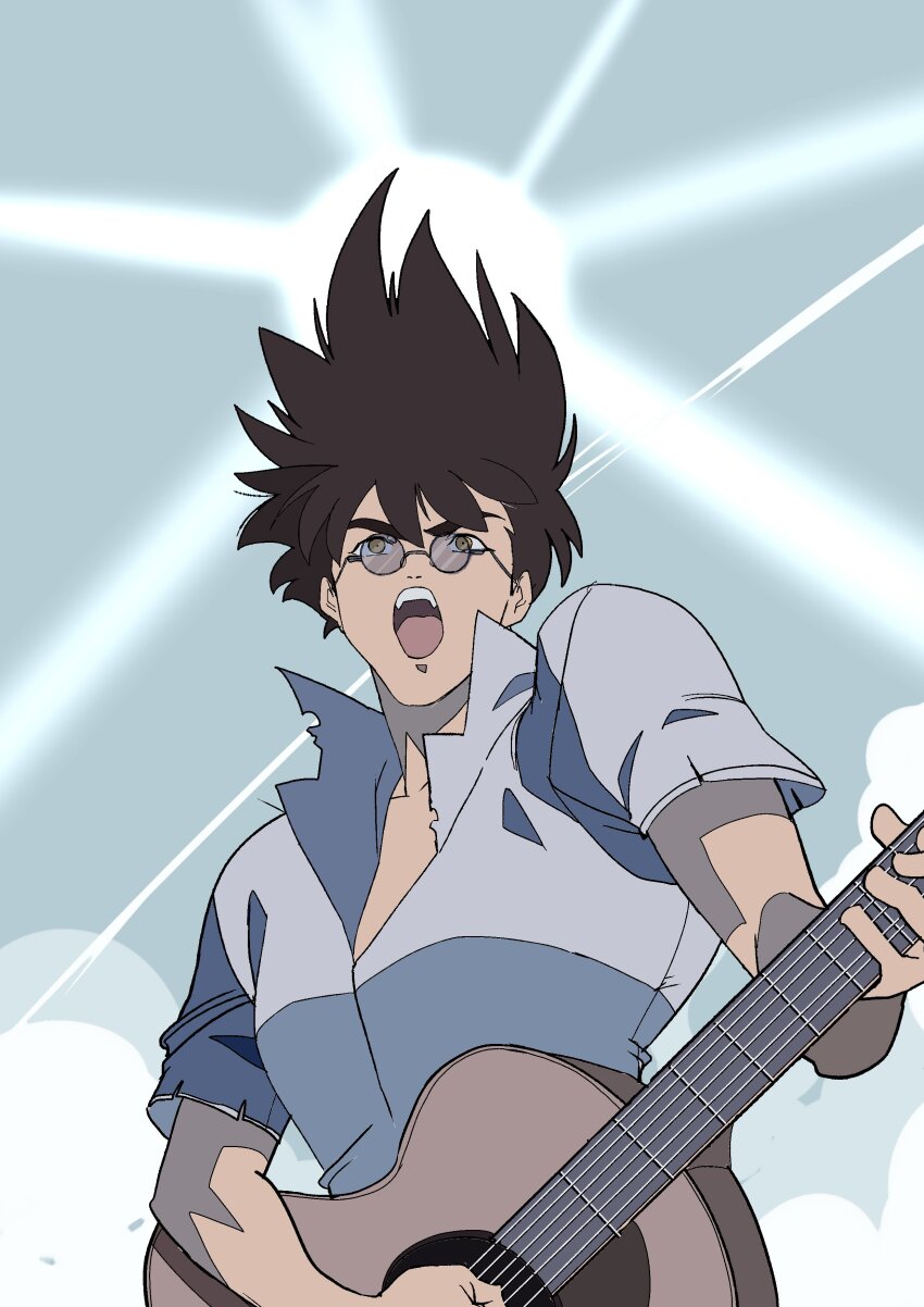 1boy absurdres brown_hair collarbone edoya_inuhachi glasses guitar highres holding holding_guitar holding_instrument instrument macross macross_7 male_focus nekki_basara open_mouth round_eyewear solo spiked_hair sunglasses