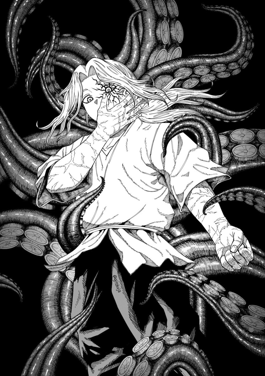 1boy blonde_hair centuria covered_mouth gitokuja glowing_veins highres julian_(centuria) monochrome monster scar scars_all_over solo tentacles too_many veins