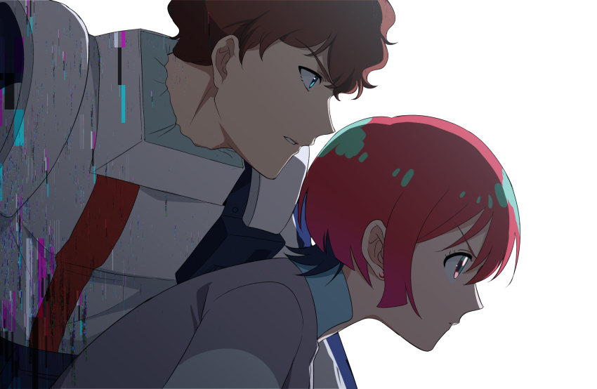 1boy 1girl amate_yuzuriha amuro_ray bodysuit brown_hair char&#039;s_counterattack commentary english_commentary from_side glitch gundam gundam_gquuuuuux highres long_sleeves mecha_pilot_suit mobile_suit_gundam normal_suit_(gundam) nvig00 opposing_sides parted_lips profile red_hair short_hair simple_background spacesuit sweater v-shaped_eyebrows white_background white_bodysuit