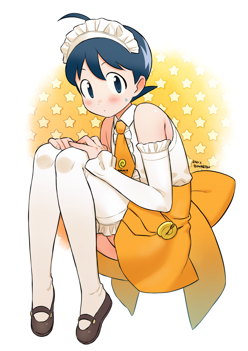 1boy absurdres ahoge apron artist_name back_bow bare_shoulders black_shoes blue_eyes blue_hair blush border bow bun_(jewd5385) closed_mouth collared_shirt crossdressing dark_blue_hair dated detached_sleeves dot_mouth dot_nose fading_border frilled_hairband frilled_sleeves frills full_body hairband hands_on_own_knees highres hinata_fuyuki invisible_chair keroro_gunsou knees_together_feet_apart knees_up large_bow looking_at_viewer maid maid_headdress male_focus mary_janes necktie orange_apron orange_background orange_bow orange_necktie outside_border shirt shoes short_hair sitting sleeveless sleeveless_shirt sleeves_past_wrists solo star_(symbol) star_symbol_background sweatdrop thigh_peek thighhighs three_quarter_view white_hairband white_shirt white_sleeves white_thighhighs wing_collar