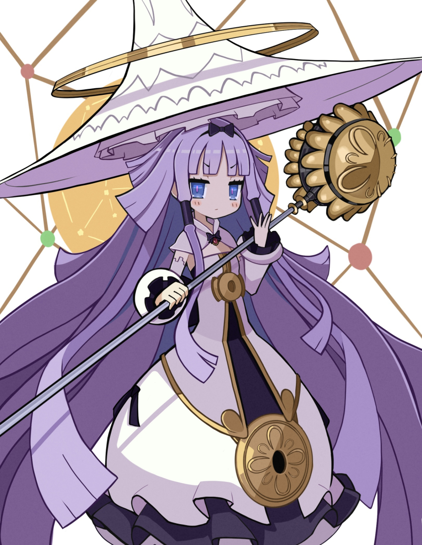 1girl absurdly_long_hair blue_eyes blunt_bangs blush bow brooch closed_mouth detached_sleeves dress frilled_dress frills hair_bow hair_ornament halo hat highres holding holding_staff jewelry large_hat long_hair looking_at_viewer majo_to_hyakkihei nezaria pink_pupils puffy_dress purple_bow purple_dress purple_hair sleeveless sleeveless_dress solo staff standing suaman two-tone_dress very_long_hair white_dress white_hat