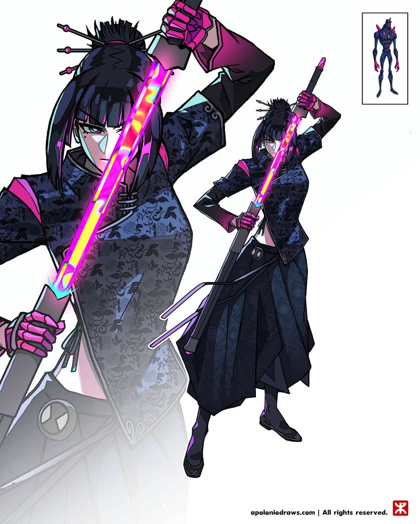 1girl absurdres apoloniodraws baggy_pants ben_10 ben_10:_alien_force chromastone genderswap genderswap_(mtf) gloves glowing glowing_sword glowing_weapon hair_ornament hairpin highres holding holding_sword holding_weapon mole mole_under_eye multiple_hairpins omnitrix pants pink_gloves purple_hair samurai sheath sword unsheathing weapon