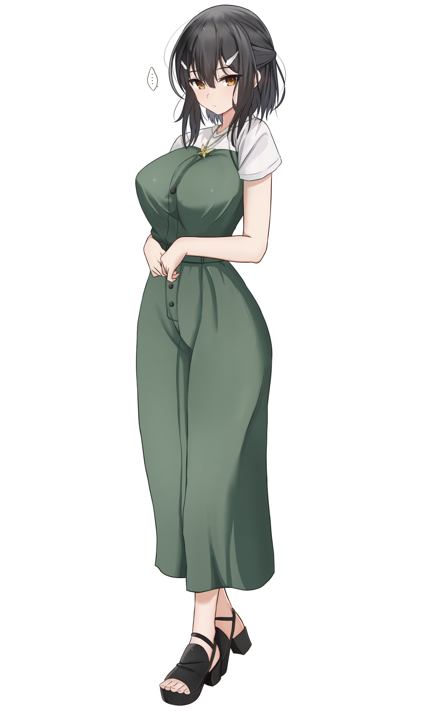 1girl absurdres aged_up barefoot black_hair black_shoes breasts cleavage closed_mouth dress fate/kaleid_liner_prisma_illya fate_(series) full_body green_dress hair_ornament high_heels highres large_breasts looking_at_viewer miyu_edelfelt shoes shokobr simple_background solo standing white_background yellow_eyes