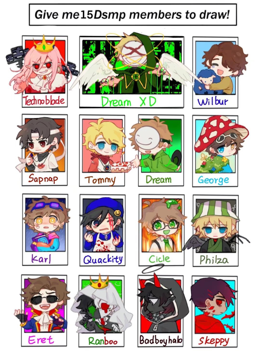 2others 6+boys adapted_costume androgynous apron badboyhalo beanie bird_boy bird_wings black_hair bleach blonde_hair blood blood_vines blue_eyes book brown_hair cake cake_(minecraft) cape character_name chibi chibi_only closed_eyes coat compass cosplay crow_boy crow_wings crown crying demon_boy dream_(youtuber) dream_smp dreamxd eret_(youtuber) everyone eyewear_on_head feathered_wings food formal_clothes friend_the_sheep fur_cape georgenotfound ghostboo glasses goggles goggles_on_head grass green_eyes halo happy hat headband heterochromia highres holding holding_book hood hood_up hoodie horns karl_jacobs long_hair mask minecraft minecraft_youtube multiple_boys multiple_drawing_challenge multiple_others mushroom_hat necktie official_alternate_costume ph1lza pink_hair puppet_strings quackity ranboo record red_cape sapnap scar sheep skeppy slime_(substance) slimecicle smile spiral suit sunglasses suspenders tales_from_the_smp technoblade tommyinnit urahara_kisuke urahara_kisuke_(cosplay) wangling_yinduren white_background wilbur_soot wings wither_(minecraft) yellow_eyes