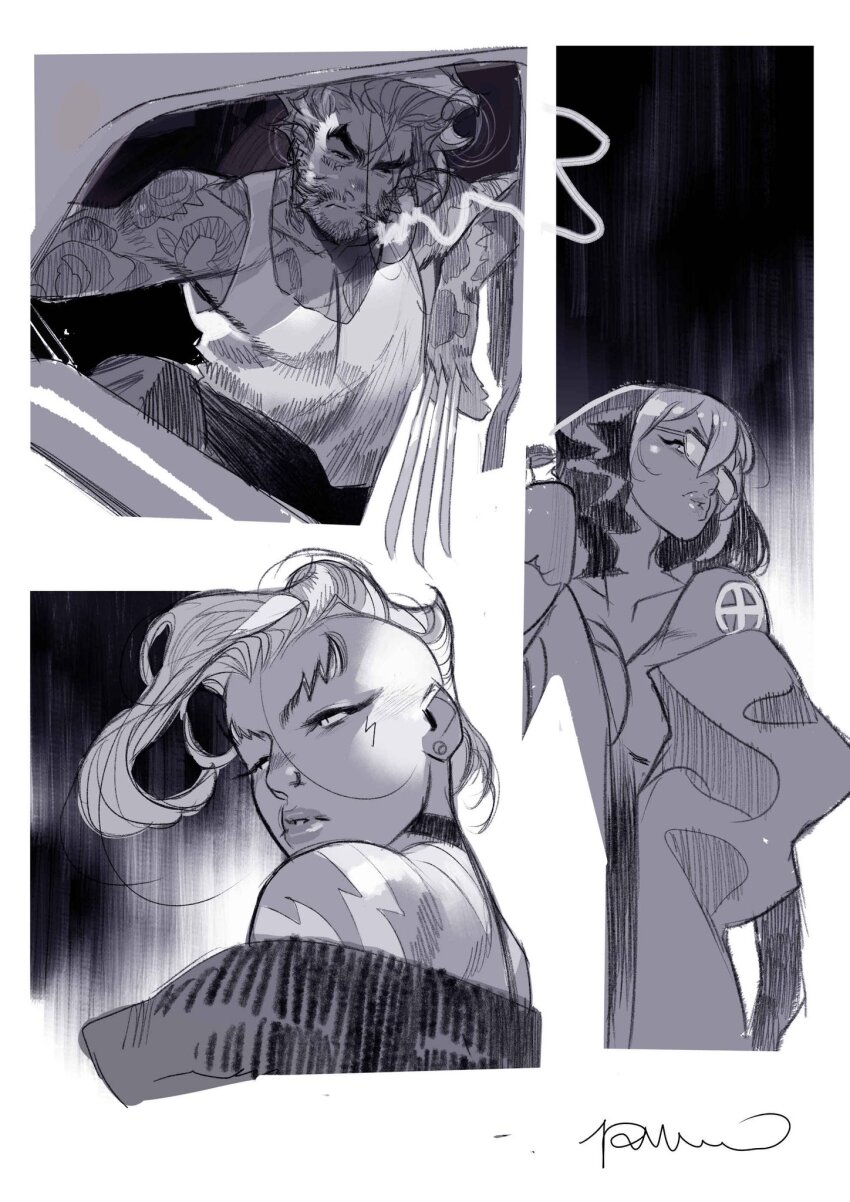 1boy 2girls cigarette claws greyscale highres marvel mohawk monochrome multiple_girls rogue_(x-men) shirt simone_di_meo sketch sleeveless sleeveless_shirt smoking storm_(x-men) wolverine_(x-men) x-men