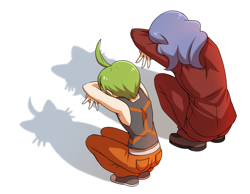 2boys aaron_(pokemon) ahoge akr_(tvfz2233) cat_shadow_puppet_(meme) commentary_request green_hair grey_shoes jacket long_hair lucian_(pokemon) male_focus meme multiple_boys nintendo orange_pants pants pokemon pokemon_dppt red_jacket red_pants shirt shoes short_hair sleeveless sleeveless_shirt squatting