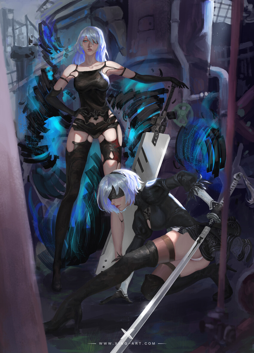 2b_(nier:automata) 2girls a2_(nier:automata) artist_name bare_shoulders black_boots black_dress black_gloves black_hairband black_shorts black_tank_top blindfold blue_eyes boots breasts chinese_commentary cleavage_cutout clothing_cutout commentary_request dress elbow_gloves expressionless fighting_stance full_body gloves hairband hand_on_own_hip highres holding holding_sword holding_weapon huge_weapon industrial_pipe juliet_sleeves large_breasts long_hair long_sleeves looking_at_viewer multiple_girls nier:automata nier_(series) panties pantyshot parted_lips puffy_sleeves realistic short_dress short_hair short_shorts shorts spaghetti_strap standing starlab sword tank_top thigh_boots thigh_strap underwear watermark weapon white_hair white_panties