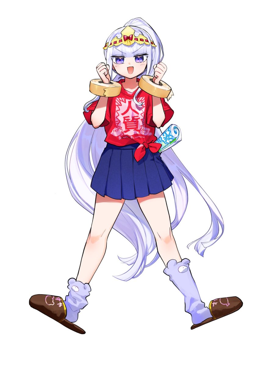 1girl absurdly_long_hair aurora_sya_lis_kaymin blunt_bangs crown dotaku duct_tape full_body grey_hair highres long_hair loose_socks magazine_(object) maou-jou_de_oyasumi official_art open_mouth pleated_skirt purple_eyes shirt skirt slippers socks star_(symbol) star_in_eye straight_hair symbol-shaped_pupils symbol_in_eye t-shirt tachi-e very_long_hair white_hair