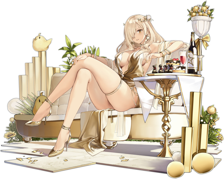 1girl alcohol artist_request azur_lane blonde_hair bottle bracelet breasts cake collarbone cotton_ball couch crossed_legs cup dress drinking_glass earrings evening_gown food full_body gold_dress gold_footwear hair_over_one_eye high_heels highres jewelry large_breasts legs long_hair looking_at_viewer manjuu_(azur_lane) nevada_(a_magnificent_banquet)_(azur_lane) nevada_(azur_lane) official_alternate_costume official_art one_eye_covered open_mouth parted_lips revealing_clothes sitting solo star_(symbol) star_earrings table thigh_strap transparent_background wine wine_bottle wine_glass yellow_eyes