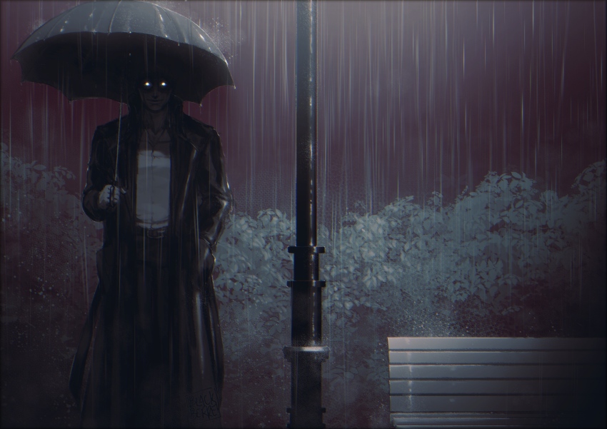 1boy all_for_one_(boku_no_hero_academia) bench blackberreh-art boku_no_hero_academia coat glowing glowing_eyes highres holding holding_umbrella jewelry male_focus necklace outdoors rain shirt standing trench_coat umbrella