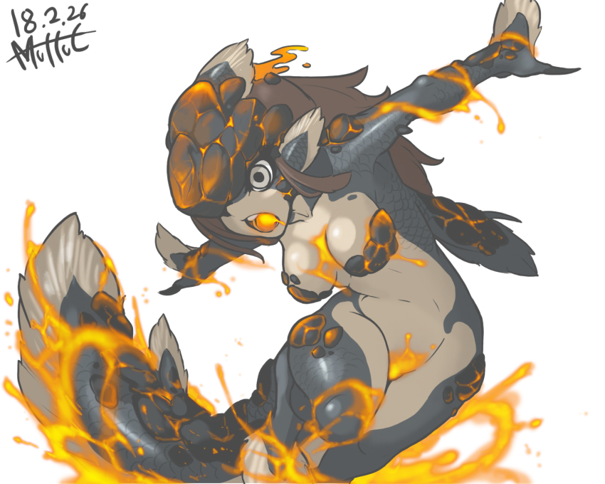 1girl animal_ears animal_hands artist_name between_breasts black_nails breasts brown_hair colored_tongue dated dragon_girl dragon_tail fingernails fins fire grey_eyes head_fins highres knee_up korean_commentary large_breasts lava lavasioth leaning_to_the_side liquid long_fingernails long_hair medium_breasts monster_girl monster_hunter:_world monster_hunter_(series) muhut navel nude one_eye_covered open_mouth orange_tongue outstretched_arms personification scales sharp_fingernails sidelocks simple_background solo spread_arms tail white_background
