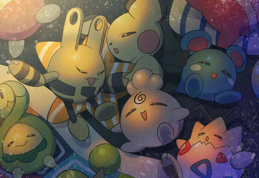 :&gt; azurill blanket blush_stickers bonsly budew claws closed_eyes closed_mouth elekid full_body gen_2_pokemon gen_3_pokemon gen_4_pokemon happiny happy highres hugging_object igglybuff lying nintendo no_humans on_back open_mouth pichu pillow pillow_hug pokemon pokemon_(creature) sleeping smile smoochum star_(symbol) striped togepi yukifuri_tsuyu