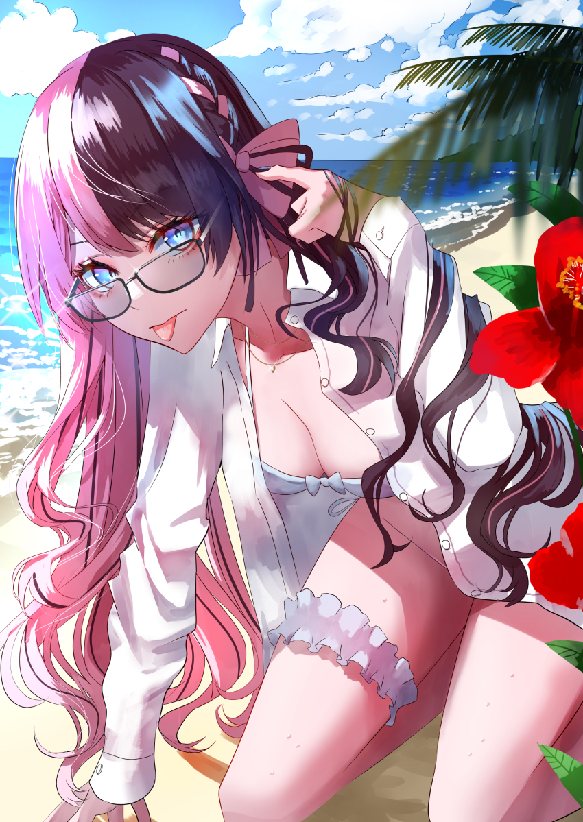 1girl absurdres beach bikini blue_eyes blush braid brown_hair brown_nails french_braid frilled_thigh_strap hair_ornament highres kneeling long_hair looking_at_viewer multicolored_hair ocean open_clothes open_shirt outdoors pink_hair shirt solo split-color_hair sunglasses swimsuit tachibana_hinano thigh_strap tongue tongue_out two-tone_hair virtual_youtuber vspo! white_bikini white_shirt wrist_bow yusuke_(shiota)