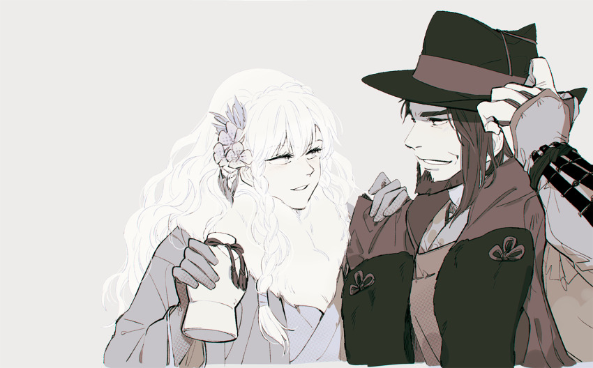 1boy 1girl beard braid cropped_torso crown_braid eye_contact facial_hair fedora grey_background grin hand_on_another&#039;s_shoulder hat japanese_clothes khirzava kyougoku_maria_(sengoku_basara) long_hair looking_at_another muted_color sanada_masayuki_(sengoku_basara) sengoku_basara short_hair side_braids simple_background smile