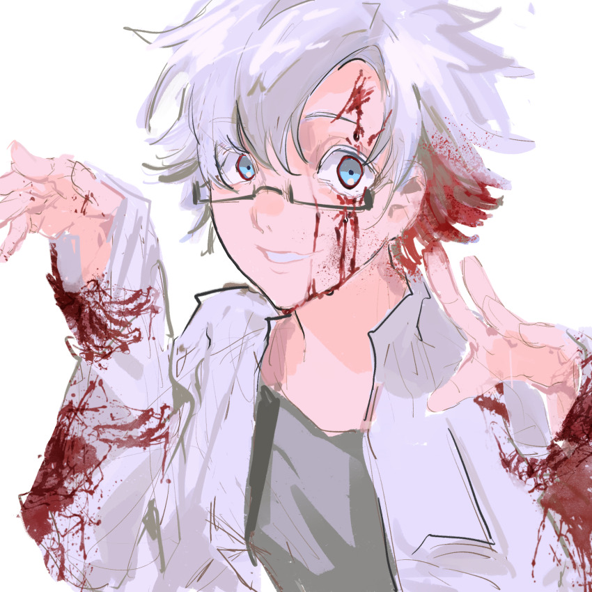 1boy blood blood_in_hair blood_on_clothes blood_on_face blue_eyes chinese_commentary colored_eyelashes commentary_request green_shirt hands_up highres kanou_aogu lab_coat ling_zhiyun long_sleeves male_focus saibou_shinkyoku shirt short_hair simple_background sketch smile solo white_background white_hair