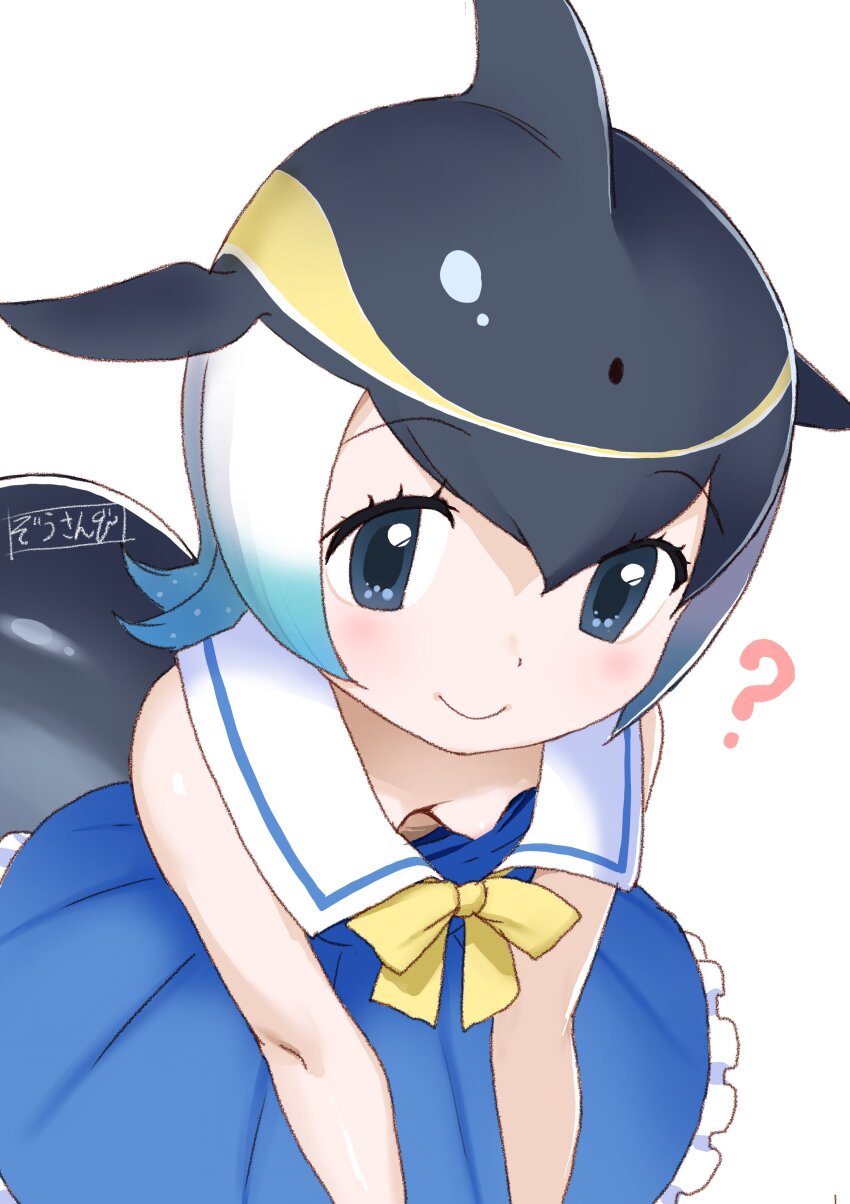 ? absurdres animal_ears black_hair blonde_hair blowhole blue_eyes blue_hair blush bow breasts cetacean_tail clueless commentary common_dolphin_(kemono_friends) dolphin_girl dorsal_fin downblouse dress fins fish_tail from_above grey_hair highres kemono_friends kemono_friends_3 masuyama_ryou multicolored_hair sailor_collar shirt short_hair sleeveless small_breasts smile tail white_hair