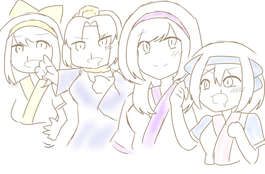4girls ainu_clothes blood breasts clenched_hands dual_persona female_pervert gaijin_4koma_(meme) hair_ribbon hat highres large_breasts long_hair monochrome multiple_girls murasaki_nakoruru nakoruru nosebleed open_mouth pervert pointing rera ribbon rimururu samurai_spirits short_hair siblings sisters sketch smile snk tongue