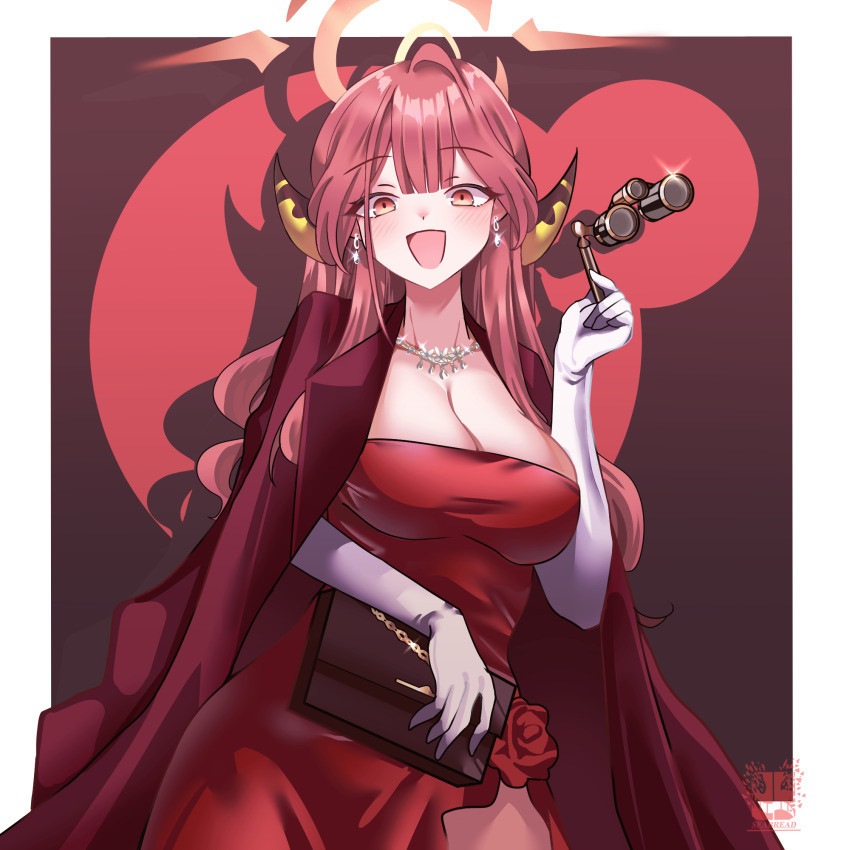 1girl aru_(blue_archive) aru_(dress)_(blue_archive) bag blue_archive blush breasts brown_coat brown_horns cleavage coat coat_on_shoulders cowboy_shot demon_horns dress earrings elbow_gloves gloves halo highres holding horns jewelry large_breasts long_hair looking_at_viewer necklace official_alternate_costume opera_glasses pink_hair pink_halo red_dress seabread smile solo upper_body white_gloves yellow_eyes