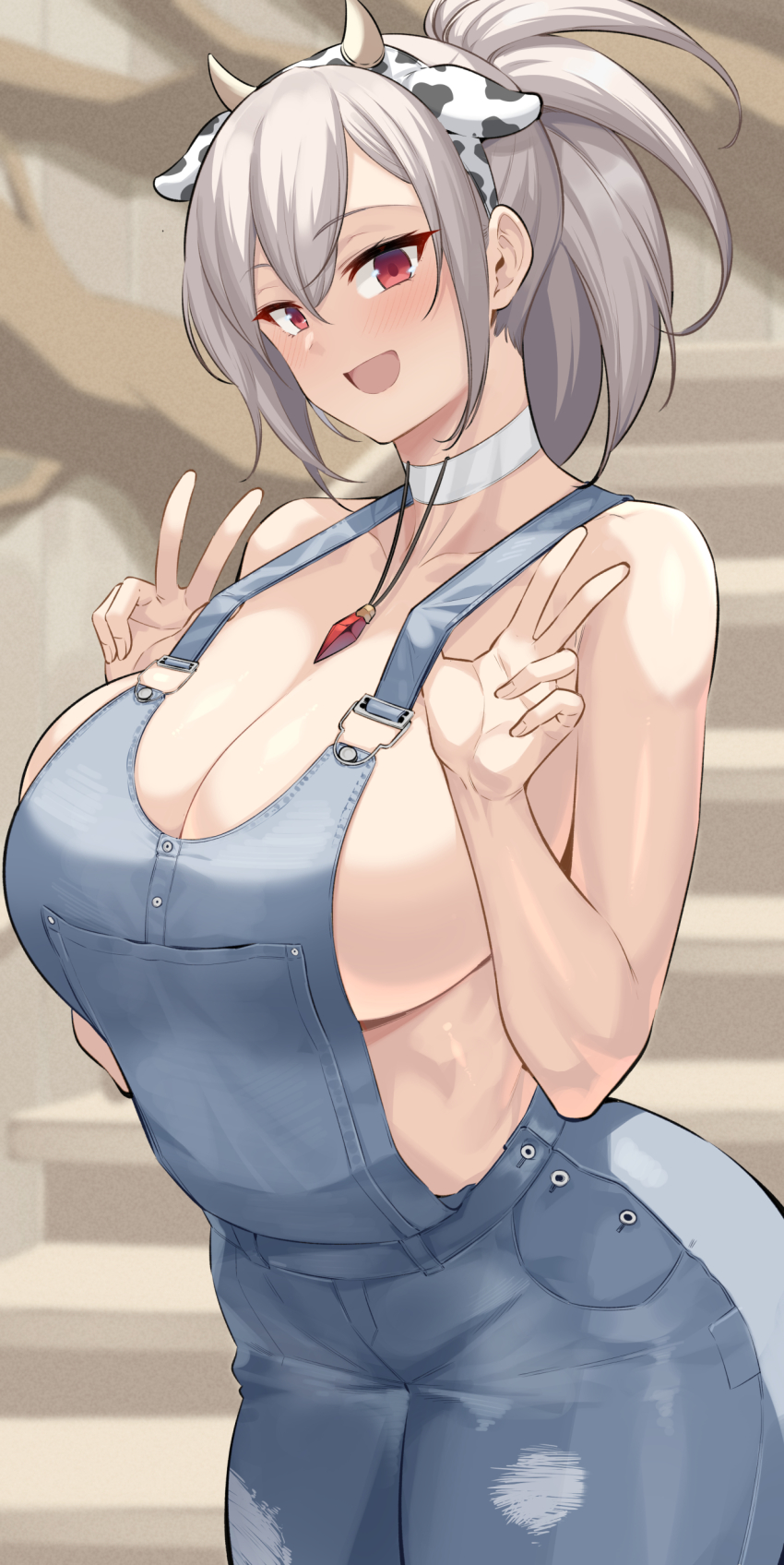 1girl absurdres animal_ears animal_print bare_arms bare_shoulders breasts choker cleavage commentary_request cow_ears cow_horns cow_print dungeon_and_fighter fake_animal_ears fake_horns grey_hair hairband hands_up highres horns jewelry kook korean_commentary large_breasts long_hair looking_at_viewer necklace open_mouth overalls ponytail red_eyes seria_kirmin sideboob smile solo suspenders v white_choker