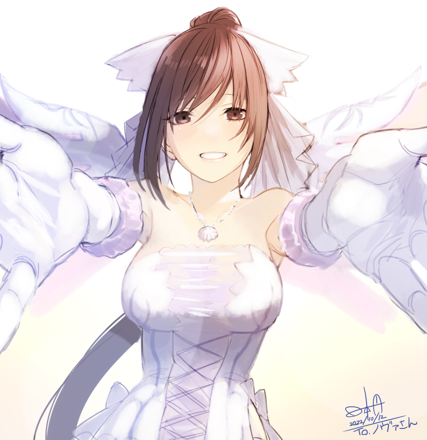 1girl absurdres bare_arms breasts bridal_gauntlets bridal_veil bride brown_eyes brown_hair character_request check_character commission cross-laced_clothes cross-laced_dress dated dress gloves hair_ribbon highres hinomoto_madoka jewelry large_breasts looking_at_viewer maxima_sakuya_enfield necklace outstretched_arms pendant reaching reaching_towards_viewer ribbon shining_(series) shining_blade signature skeb_commission smile strapless strapless_dress veil wedding_dress white_dress white_gloves