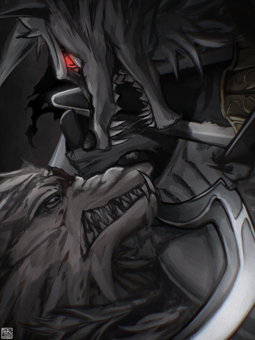 2boys animal_ears blaidd_the_half-wolf blood blood_in_hair blood_on_face cloak close-up crossover death_(puss_in_boots) dual_wielding elden_ring fangs fighting fighting_stance fur_cloak glowing greatsword highres holding holding_weapon huge_weapon multiple_boys puss_in_boots:_the_last_wish red_eyes satsu-strive shrek_(series) sickle sword twin_blades weapon wolf wolf_boy wolf_ears