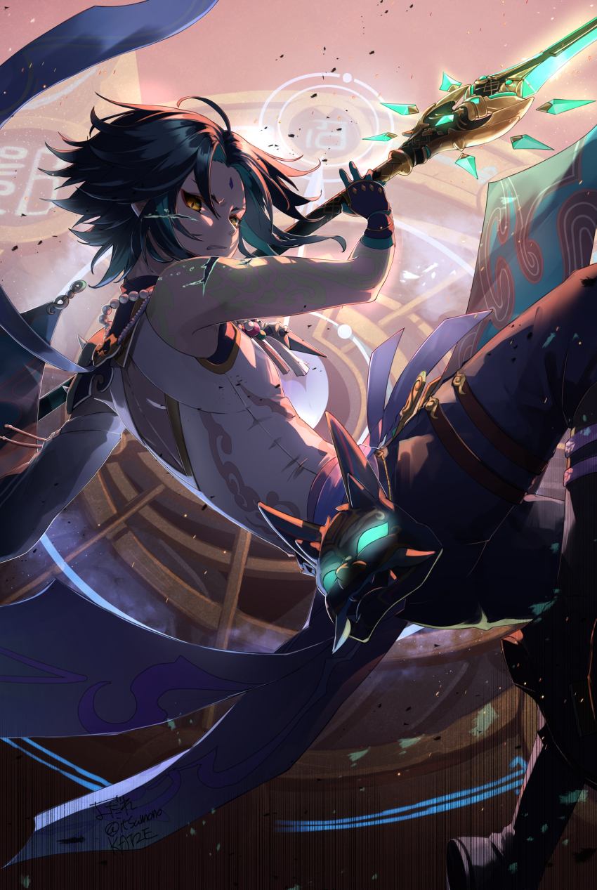1boy absurdres ahoge aqua_hair arm_tattoo arm_up artist_name back_cutout bead_necklace beads black_boots blue_pants boots cape clenched_teeth clothing_cutout commentary_request cuts detached_sleeves diamond-shaped_pupils diamond_(shape) eyeliner facial_mark fang floating_hair forehead_mark frown genshin_impact gloves glowing green_gloves green_hair highres holding holding_polearm holding_weapon horned_mask injury itsumono_katze jewelry jumping light_particles looking_at_viewer looking_to_the_side makeup male_focus mask multicolored_hair necklace pants parted_bangs polearm primordial_jade_winged-spear_(genshin_impact) purple_cape purple_ribbon red_eyeliner ribbon serious shirt short_hair shoulder_spikes sidelocks signature single_detached_sleeve sleeveless sleeveless_shirt solo spikes streaked_hair symbol-shaped_pupils tassel tattoo teeth thigh_strap unworn_mask weapon white_shirt wide_sleeves xiao_(genshin_impact) yellow_eyes