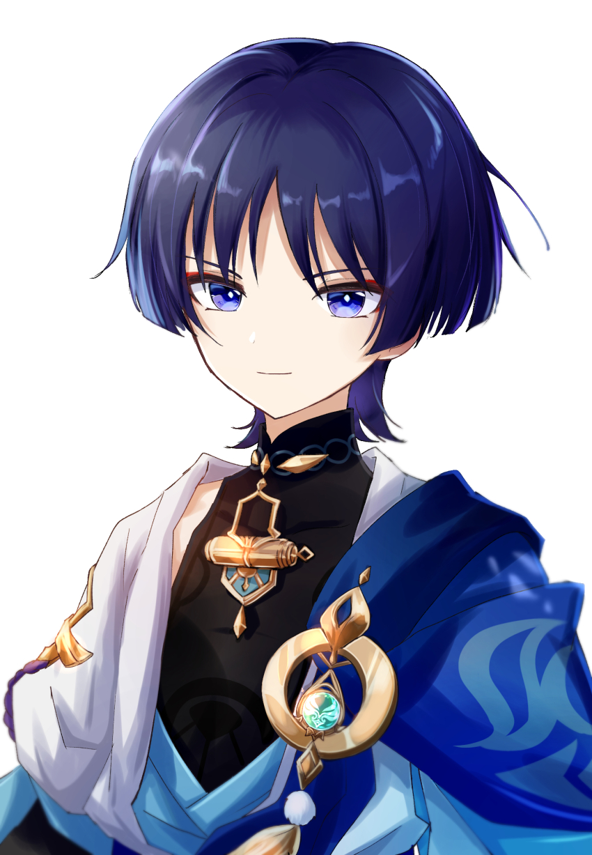 1boy anemo_symbol_(genshin_impact) black_bodysuit blue_cape blue_gemstone blue_kimono blue_sleeves blunt_ends bodysuit bright_pupils cape closed_mouth covered_collarbone eyeliner eyeshadow feathers gem genshin_impact gold han&#039;eri highres japanese_clothes kimono layered_kimono layered_sleeves light_smile looking_past_viewer makeup male_focus mandarin_collar open_clothes open_kimono pom_pom_(clothes) purple_eyes purple_hair red_eyeliner red_eyeshadow scaramouche_(genshin_impact) short_sleeves shoulder_peek solo upper_body user_uhjn2434 vision_(genshin_impact) wanderer_(genshin_impact) white_background white_kimono white_pupils white_sleeves yellow_feathers