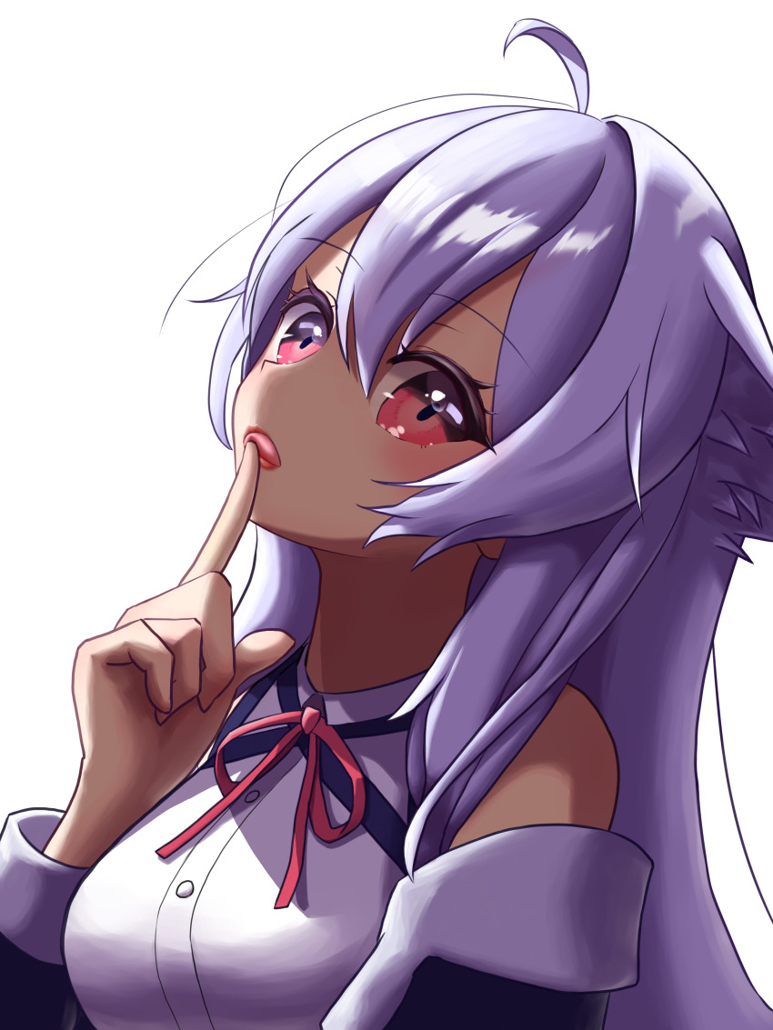 1girl absurdres ahoge animal_ear_fluff animal_ears bare_shoulders black_jacket blush breasts collared_shirt dark-skinned_female dark_skin finger_to_mouth fox_ears hair_between_eyes head_tilt highres jacket kikyo_(vrchat) lipstick long_hair long_sleeves looking_at_viewer makeup medium_breasts neck_ribbon off_shoulder purple_hair red_eyes red_lips red_ribbon ribbon shirt simple_background sleeveless sleeveless_shirt solo upper_body user_srup3575 vrchat white_background white_shirt