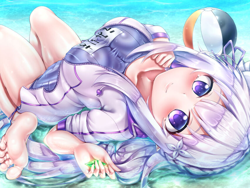 1girl breasts cleavage emilia_(re:zero) feet looking_at_viewer medium_breasts oooqqq solo swimsuit tagme tight_clothes