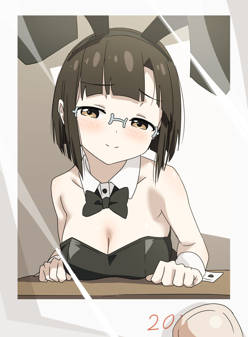 1girl animal_ear_hairband animal_ears baasaku_(balasaku24) black_bow black_bowtie black_hair black_leotard bow bowtie breasts brown_eyes collarbone detached_collar fake_animal_ears glasses hairband highres large_breasts leotard looking_at_viewer original photo_(object) playboy_bunny polaroid_photo rabbit_ears short_hair smile solo strapless strapless_leotard upper_body wrist_cuffs