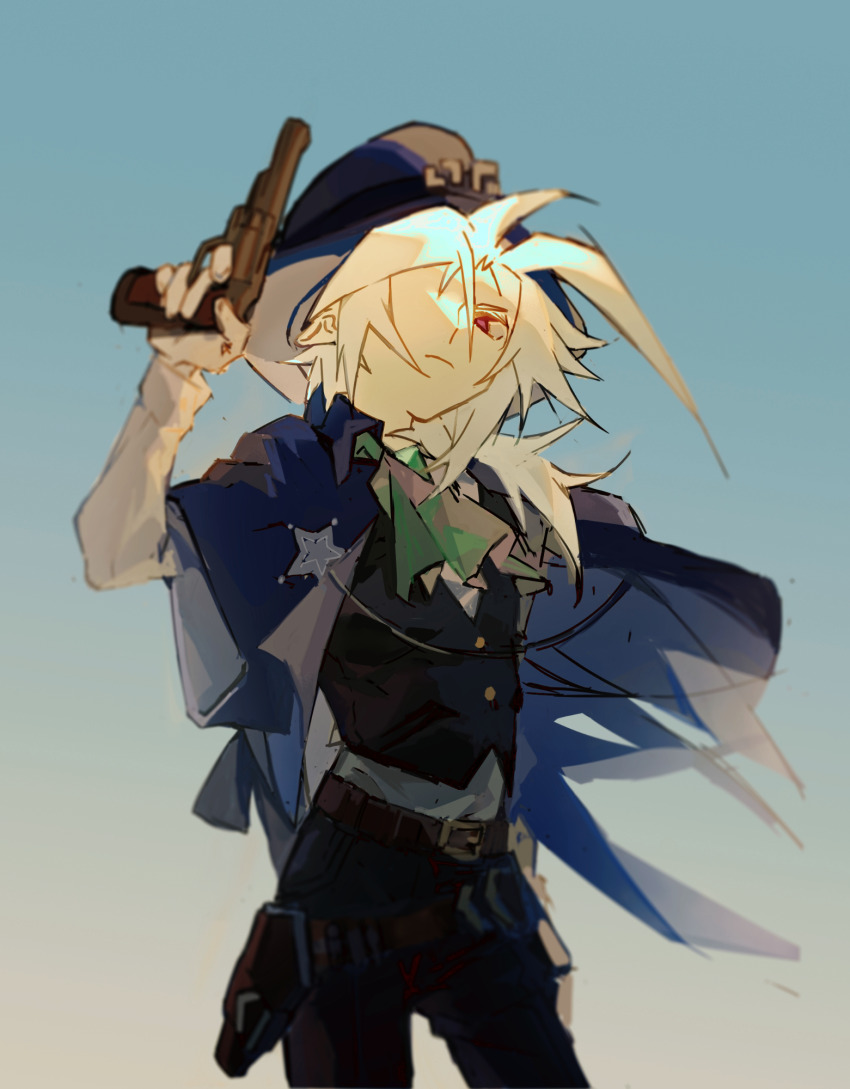 1boy aiming_up aotu_world arm_up ascot belt black_hat black_jacket black_pants black_vest blurry brown_belt chinese_commentary chuanhua closed_mouth commentary_request cowboy_shot frown green_ascot grey_(aotu_world) grey_shirt gun handgun hat highres holding holding_gun holding_weapon jacket jacket_on_shoulders long_hair long_sleeves male_focus pants red_eyes sheriff_badge shirt solo vest weapon white_hair