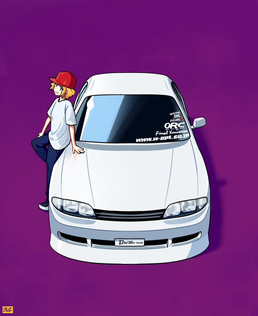 1girl absurdres artist_name baseball_cap black_shoes blue_pants brown_eyes car commentary duz english_commentary furuda_keiko_(duz) hair_behind_ear hat highres motor_vehicle nismo nissan nissan_skyline nissan_skyline_r33 open_mouth orange_hair original pants purple_background red_hat shirt shoes short_hair smile sneakers solo vehicle_focus watermark web_address white_car white_shirt