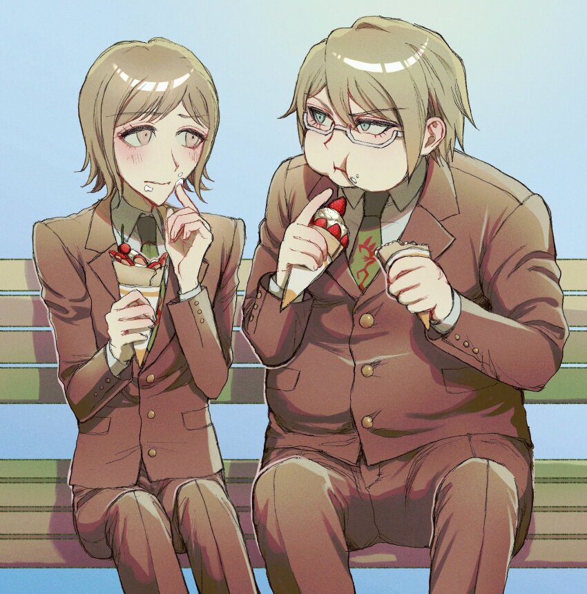 2boys blonde_hair blush brown_jacket brown_pants collared_shirt cream cream_on_face danganronpa_(series) danganronpa_2:_goodbye_despair danganronpa_3_(anime) eating eye_contact fat fat_man food food_on_face green_necktie highres holding hope&#039;s_peak_academy_school_uniform jacket katahaba_(wawawa_wa_haha) looking_at_another male_focus mitarai_ryota multiple_boys necktie pants school_uniform shirt short_hair sitting togami_byakuya_(danganronpa_2)