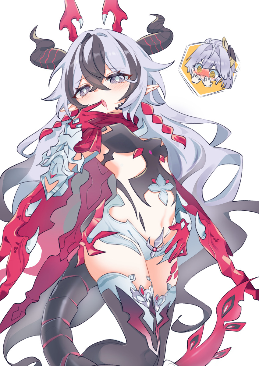 2girls @_@ absurdres black_hair black_horns black_thighhighs blush breasts commentary coralie_6626_planck erdos_helia fang gloves grey_eyes grey_hair highres honkai_(series) honkai_impact_3rd horns long_hair midriff multicolored_hair multiple_girls navel open_mouth pic_p_p pointy_ears red_gloves skindentation small_breasts solo_focus streaked_hair symbol-only_commentary tail thighhighs two-tone_hair very_long_hair yellow_eyes yuri
