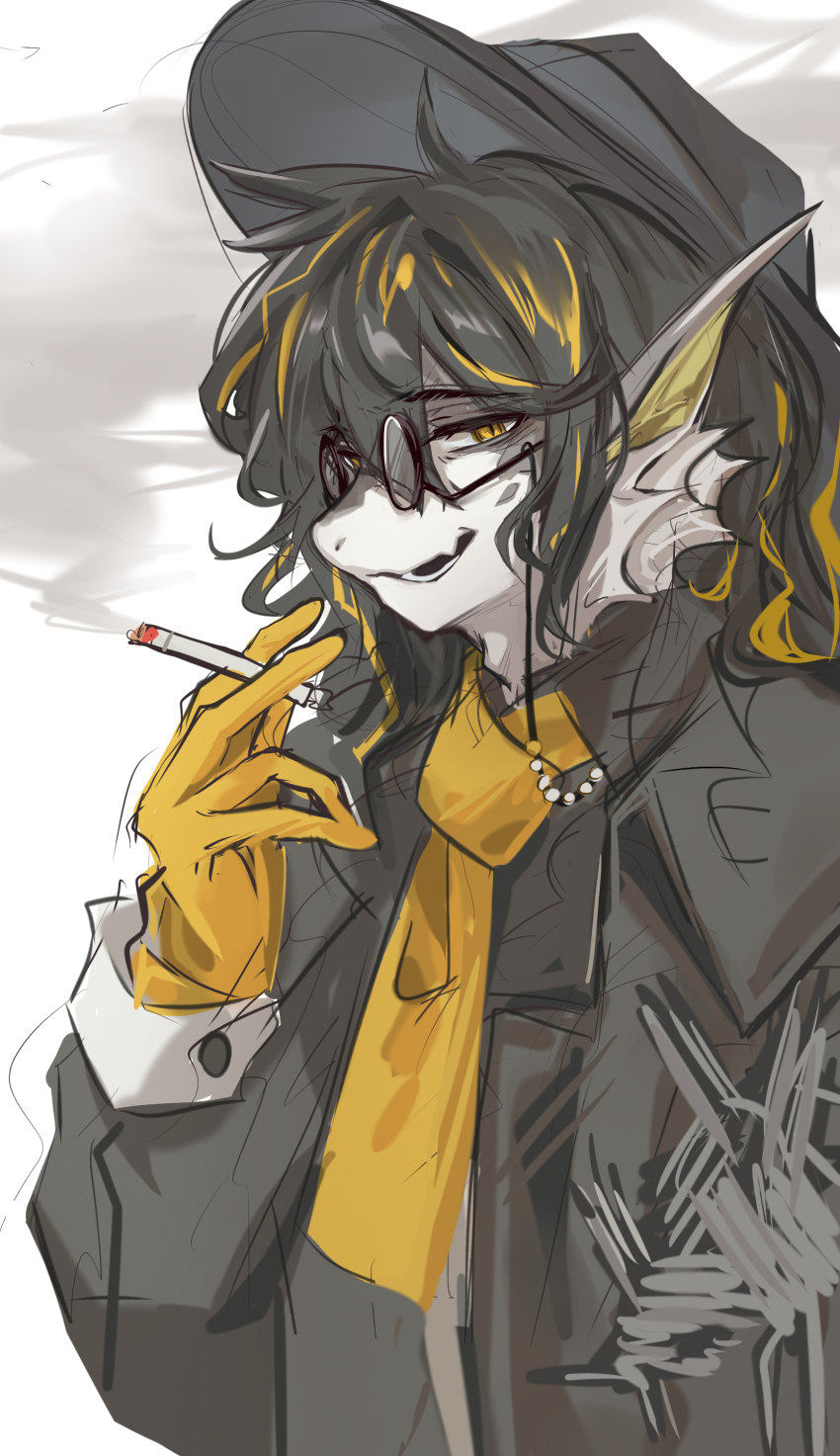 1boy absurdres arknights between_fingers black-framed_eyewear black_hair black_headwear black_jacket blonde_hair cigarette fang fish_boy glasses gloves hand_up highres holding holding_cigarette jacket kaguura_(kagu) lee_(arknights) long_sleeves looking_at_viewer male_focus multicolored_hair parted_lips puffy_long_sleeves puffy_sleeves simple_background sketch smirk smoke solo streaked_hair upper_body white_background yellow_eyes yellow_gloves