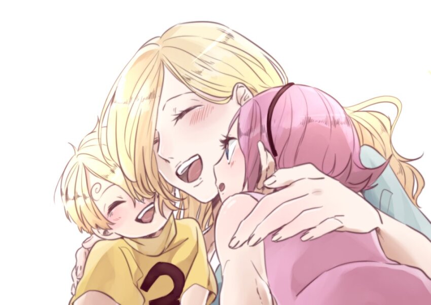 1boy 2girls ^_^ blonde_hair blush closed_eyes commentary_request curly_eyebrows dress goma1132 hairband looking_at_another mother_and_daughter mother_and_son multiple_girls one_piece open_mouth pink_dress pink_hair sanji_(one_piece) shirt short_hair simple_background sleeveless sleeveless_dress smile t-shirt vinsmoke_reiju vinsmoke_sora white_background yellow_shirt