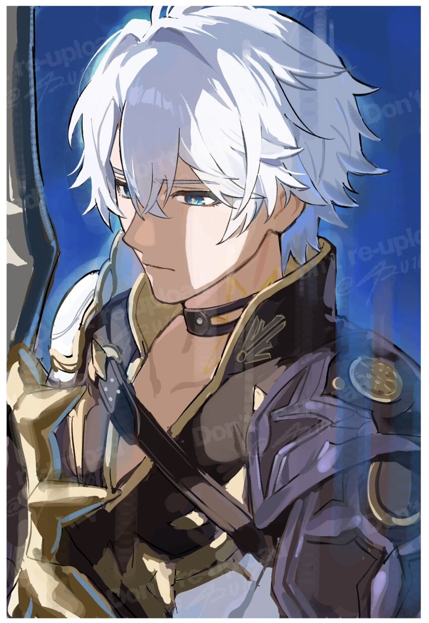 1boy 42u16 antenna_hair armor black_choker black_shirt blue_eyes border choker coat highres holding holding_sword holding_weapon honkai:_star_rail honkai_(series) looking_to_the_side male_focus neck_tattoo parted_bangs pauldrons phainon_(honkai:_star_rail) sad shirt short_hair shoulder_armor single_pauldron solo sword tattoo watermark weapon white_border white_coat white_hair