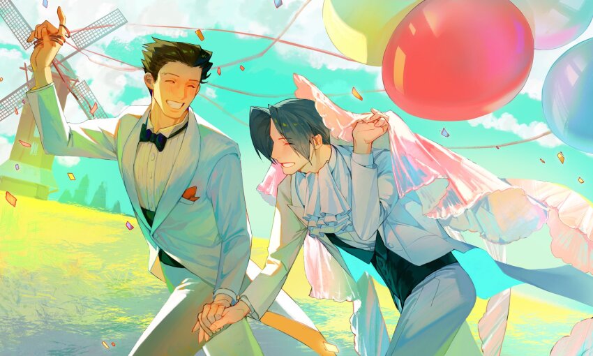 2boys ace_attorney arm_up ascot balloon breast_pocket brown_hair ccxql99 closed_eyes cloud collared_shirt commentary couple curtained_hair dress_shirt formal_clothes grey_hair grin hair_slicked_back hashtag-only_commentary highres holding holding_balloon holding_hands holding_veil index_finger_raised jacket lapels layered_sleeves long_sleeves male_focus miles_edgeworth mountain multiple_boys outdoors pants phoenix_wright pocket pocket_square running shirt short_hair sky smile suit suit_jacket teeth tree veil wedding white_ascot white_pants white_shirt white_suit windmill wing_collar yaoi