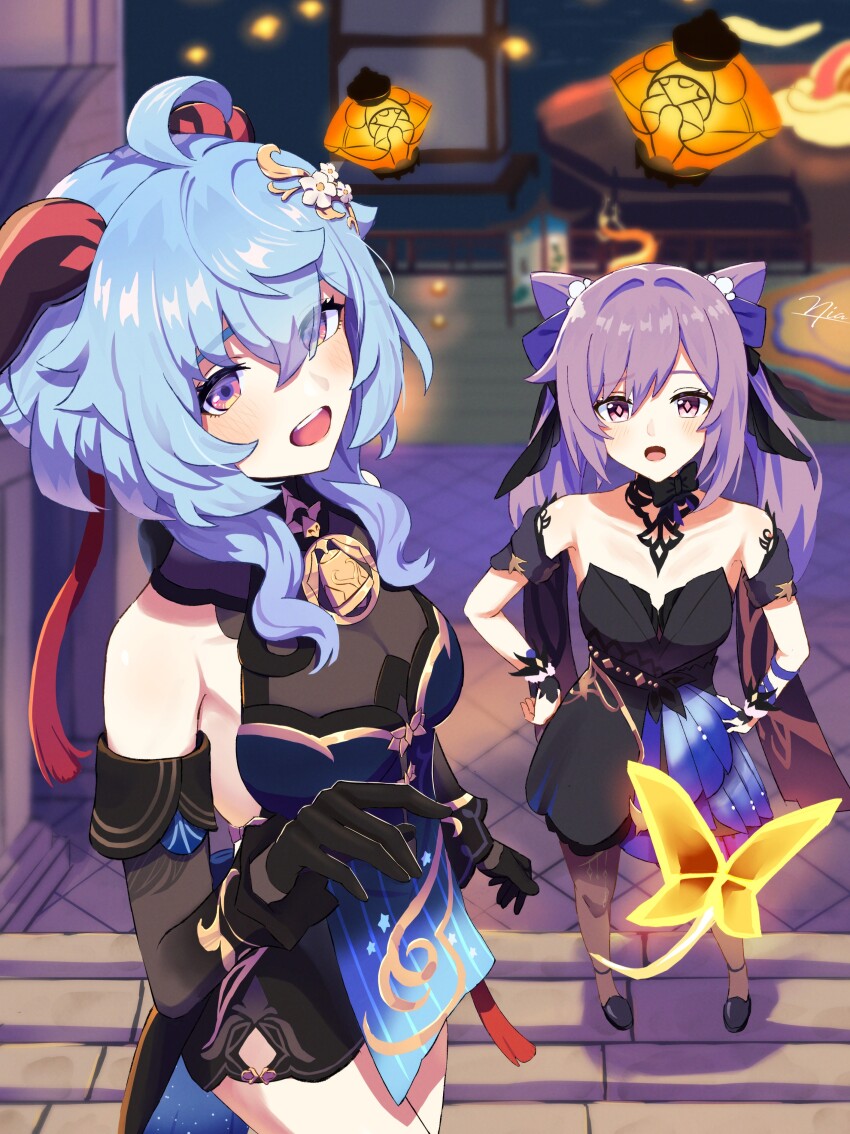2girls absurdres ahoge bare_shoulders bell black_dress black_gloves blue_hair brown_pantyhose china_dress chinese_clothes cone_hair_bun detached_sleeves dress ganyu_(genshin_impact) ganyu_(twilight_blossom)_(genshin_impact) genshin_impact gloves goat_horns hair_between_eyes hair_bun hand_on_own_hip highres horns keqing_(genshin_impact) keqing_(opulent_splendor)_(genshin_impact) lantern long_sleeves looking_at_viewer multiple_girls neck_bell niadn_nb official_alternate_costume official_alternate_hairstyle open_mouth outdoors pantyhose purple_hair smile stairs standing symbol-shaped_pupils teeth upper_teeth_only