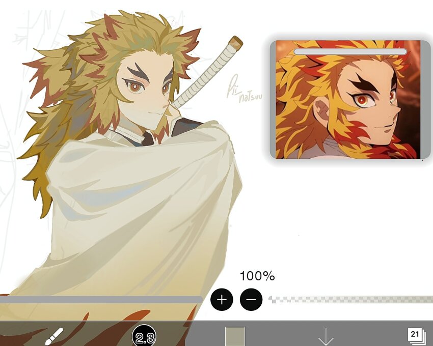 1boy art_program_in_frame black_jacket blonde_hair colored_tips derivative_work forked_eyebrows haori highres jacket japanese_clothes kimetsu_no_yaiba light_smile long_hair male_focus multicolored_hair pii_natsuuu red_eyes red_hair reference_inset rengoku_kyoujurou screenshot_redraw sidelocks solo two-tone_hair